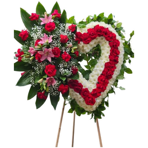 Medium red rose heart, bouquet on the side, with pink lilies, red rose, baby breath and lemon leaf on the side