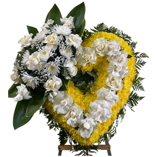 Medium heart, yellow pompom, with white rose around it and white bouquet on the side