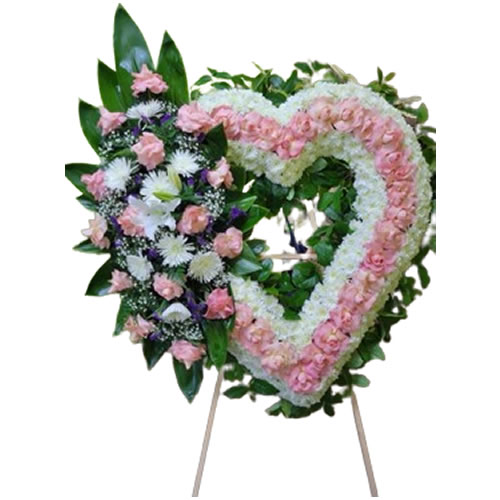 Medium funeral heart, with pink rose around it, with a bouquet next to it, with pink roses, white spider, white lily, purple flowers, white baby breath