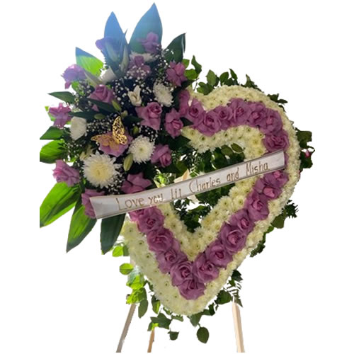 Medium purple heart, white spider, baby breath, lemon leaf around - Alejandros Flowers