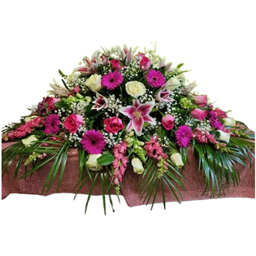 Casket with Fuchsia Rose with White Rose, Fuchsia Gerbera, Stargazer Lily, Strong Pink Snapdragon and White Snapdragon and Baby Breath