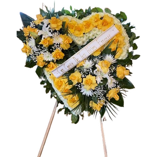 Large funeral heart, yellow rose with 2 bouquets, spider and baby's breath