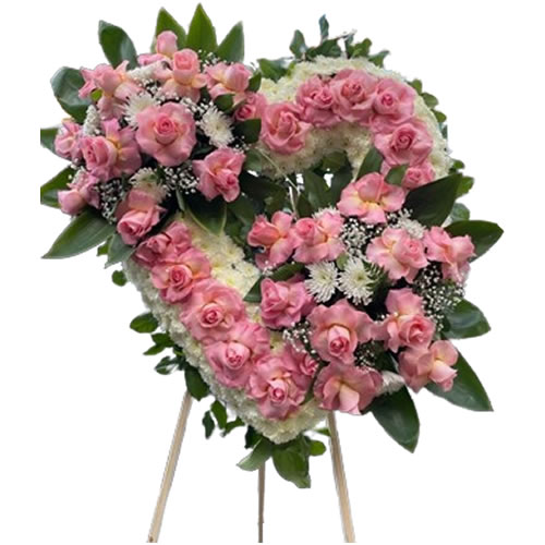 Beautiful pink funeral heart with 2 bouquet, spider and baby breath