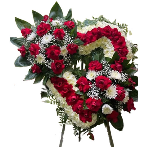 Large red rose funeral heart with 2 spider bouquet, baby breath