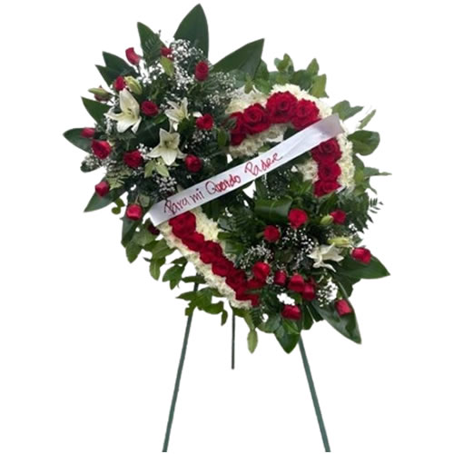 Large funeral heart with 2 bouquets of red roses, white lilies and baby breath