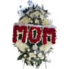 Jumbo wreath with 2 bouquets of white roses, cremones and baby's breath, with red rose letters MOM