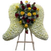 Medium wings, white cushion, yellow roses, red roses, baby's breath and solidago