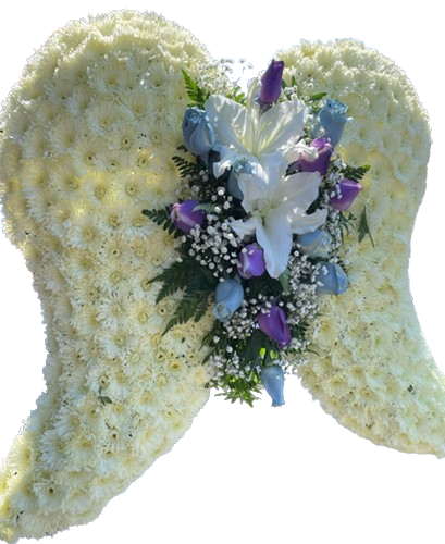 Medium wings with a bouquet of blue and purple rose and white lily